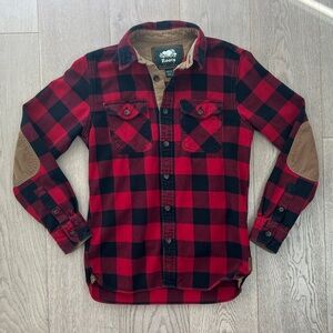 Roots Park Plaid Shirt Womens Size XXS Cabin Red Buffalo Plaid Elbow Patches